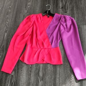 Express Colorblock Faux Wrap Blouse Red and Purple XS